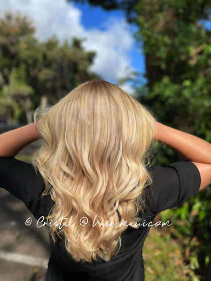 Blonde balayage highlights with natural placement - expert blonde work by Cristal D.