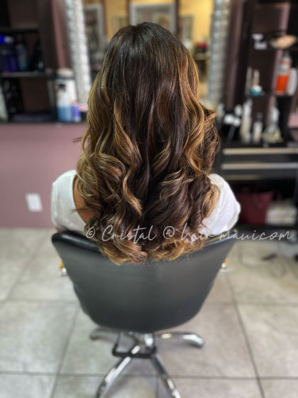 Brunette balayage teardrop back view - expert color placement by Cristal D.