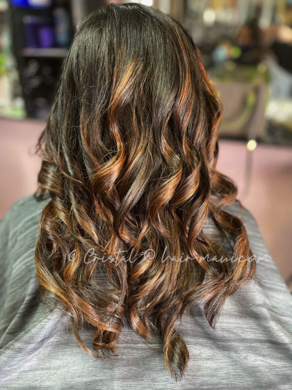 Brunette teardrop balayage with caramel highlights - dimensional color artistry by Cristal D.