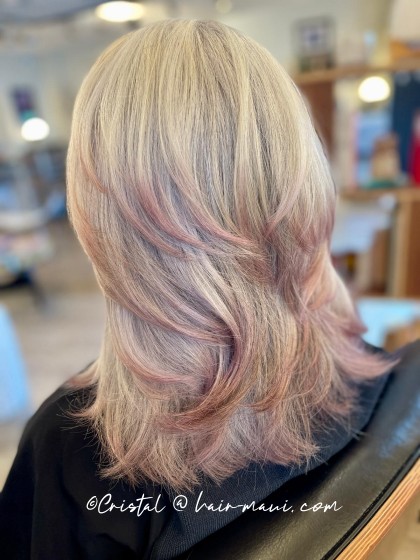 Creative dip-dye color transformation with silver grey and plum tones by Cristal D.