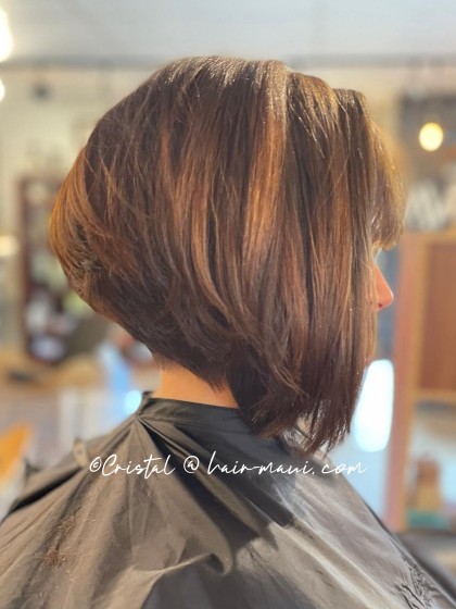 Graduated A-line bob side profile showing elegant angle and precision cutting