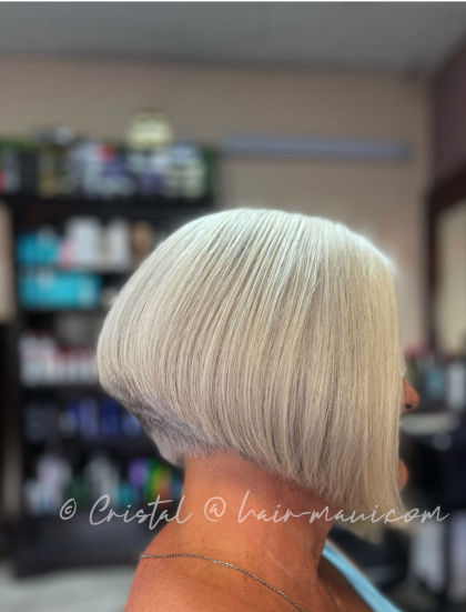 Graduated A-line bob haircut showing precision Vidal Sassoon technique by Cristal D.