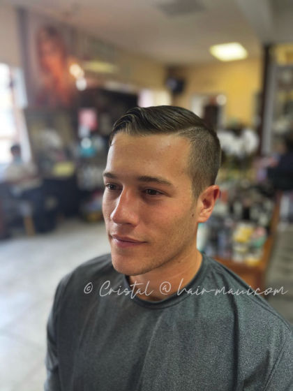 Modern combover with hard part - professional men's haircut by Cristal D.